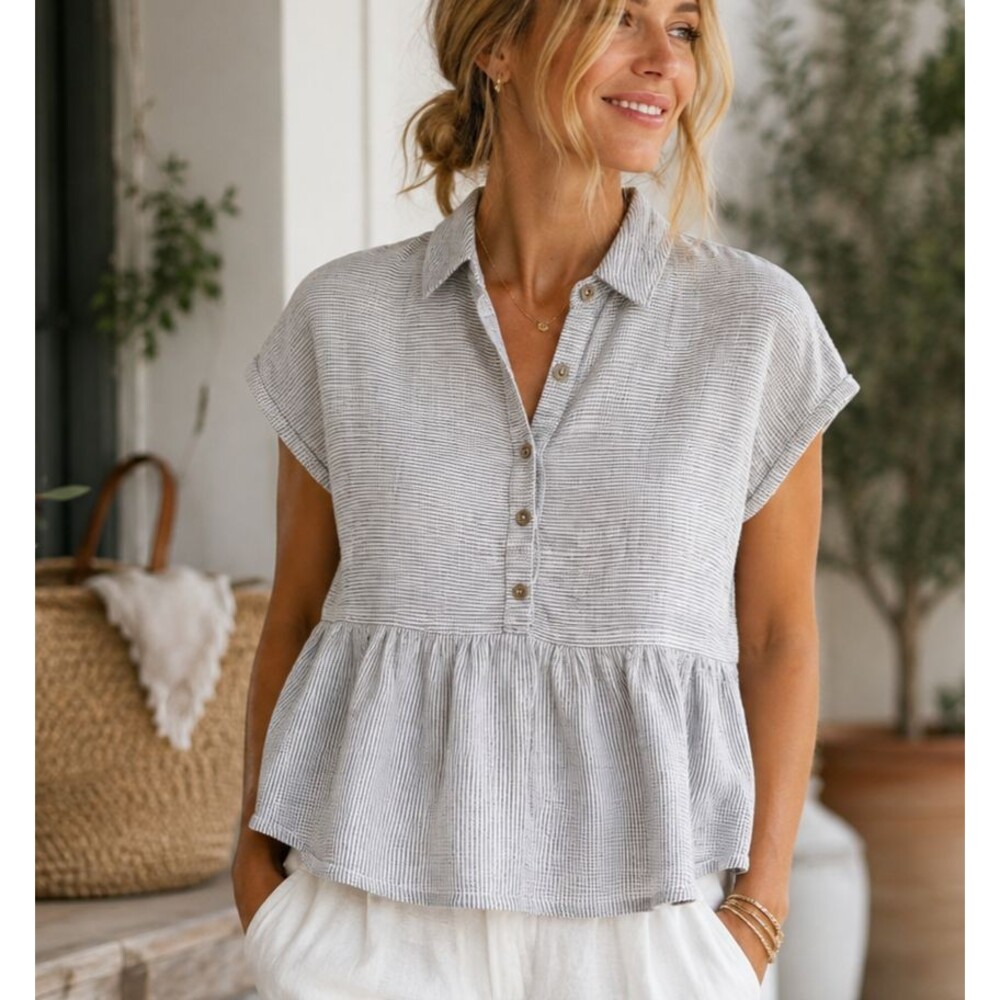 Catherine Malandrino 100% Linen Striped Peplum Collared Henley Top S